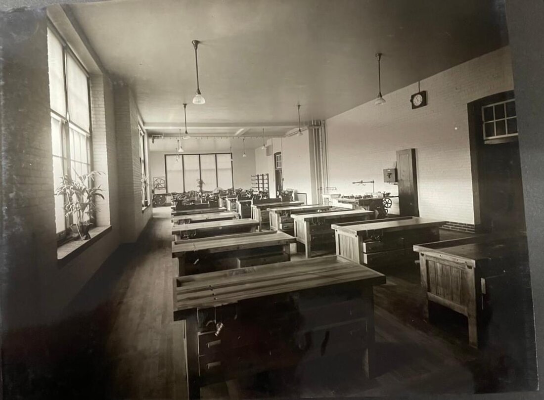 Historic manual training workshop with woodworking benches